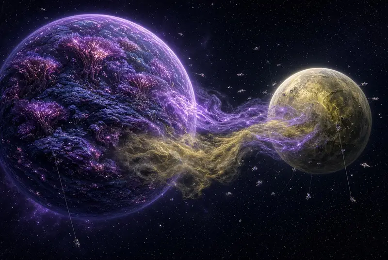 Atmosphere Transplant between a purple forest world and a yellow world